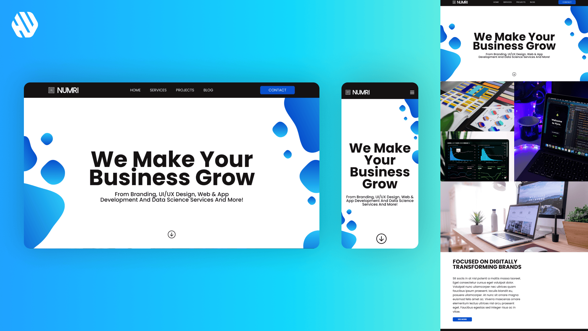 NUMRI brand website mockup with "We Make Your Business Grow" tagline on blue background.